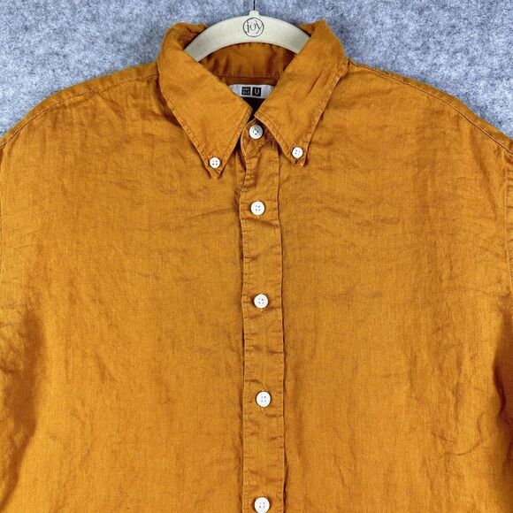 UNIQLO Linen Shirt Men L Yellow Breathable Lightweight Buttton Up Hipster Preppy - Picture 2 of 12